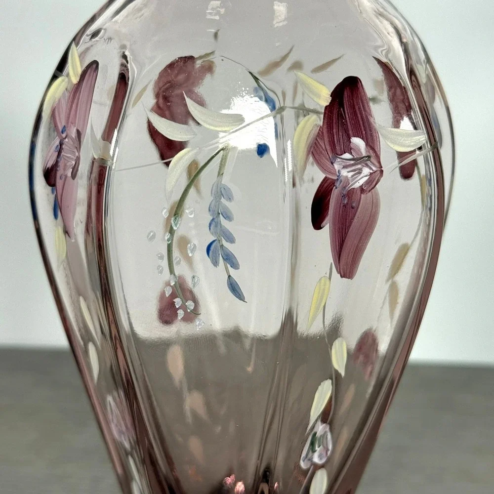 Fenton Amethyst Glass Floral Vase Hand Painted Ruffled Rim 9